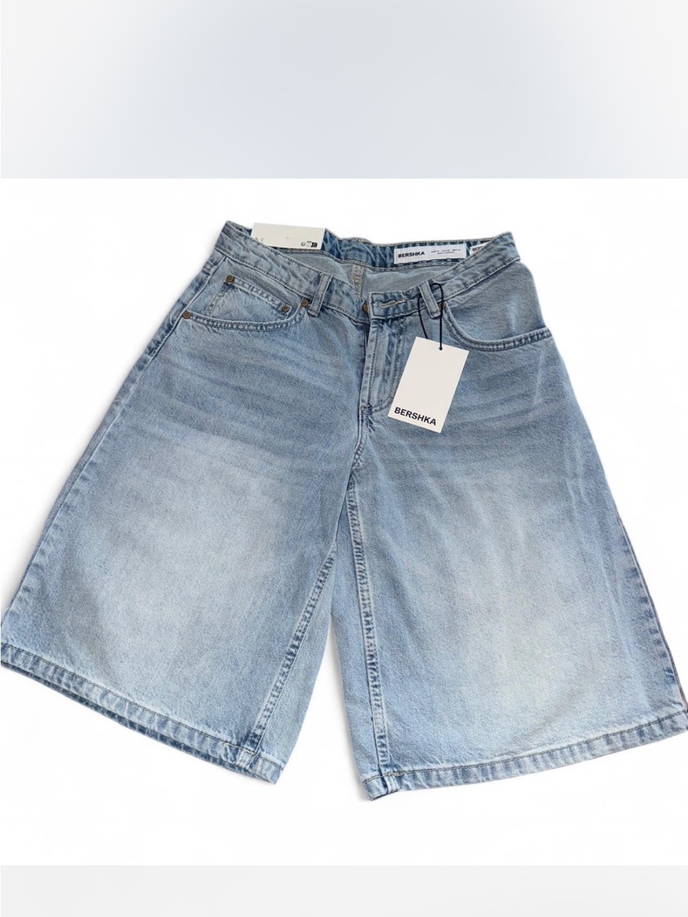 Bershka Light Blue Wide-Leg Denim Bermuda Shorts
